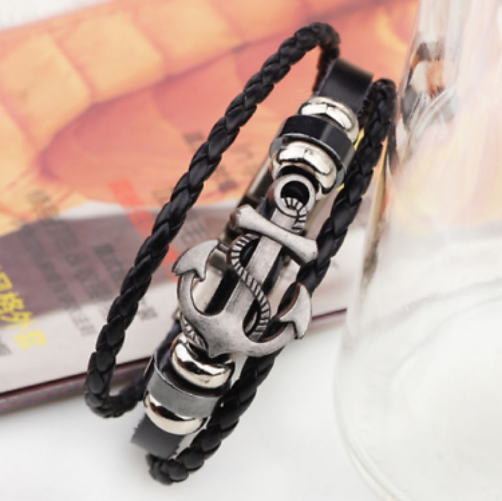 Unisex Leather Anchor Bracelet - Picture 2 of 4